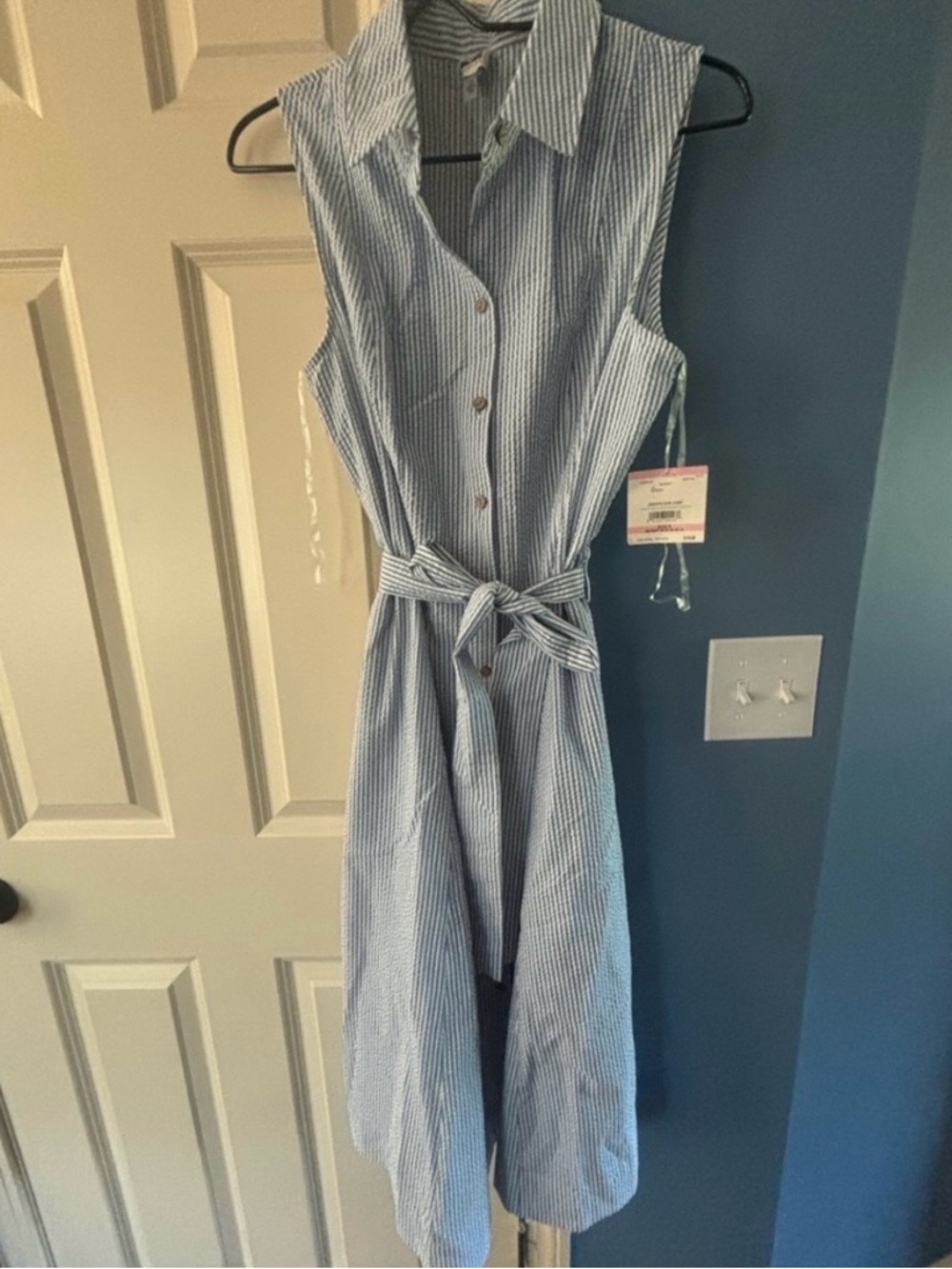 Anne Klein Blue and White Striped Sleeveless Shirt Dress
